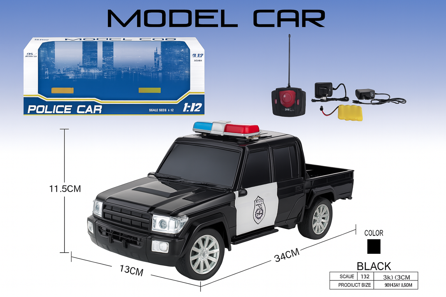 Remote-Control Police Pickup Truck Toy with Rechargeable Battery and Controller