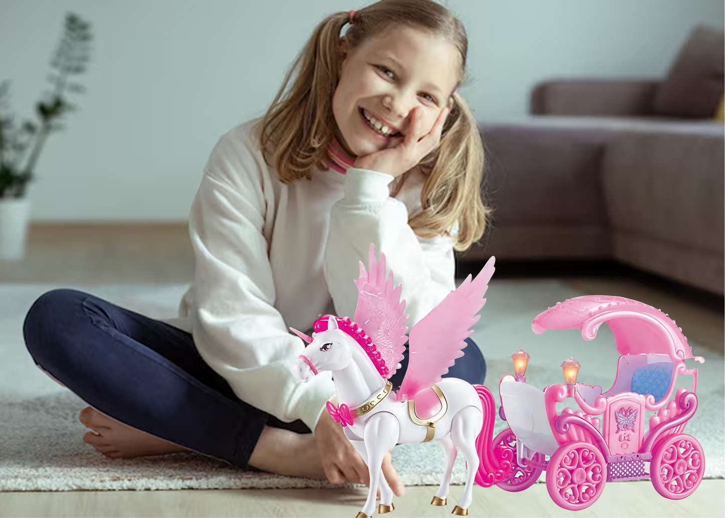 Sam Toys Walking Unicorn with Carriage Doll and Music