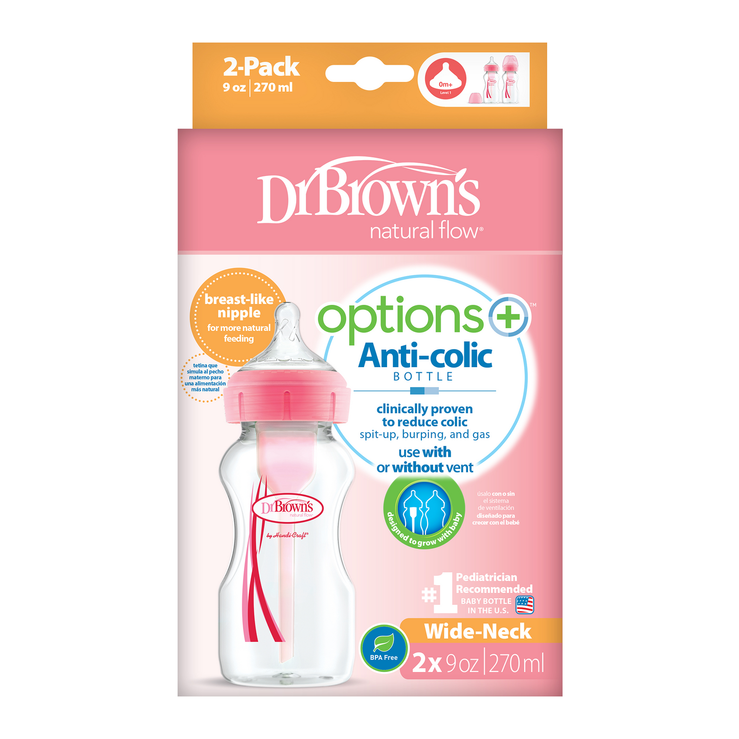 Dr.Brown's 9 oz/270 ml PP WideNeck Options+ Pink Bottle 2pc