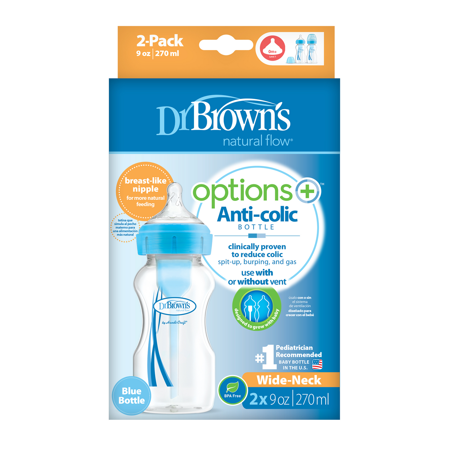 Dr.Brown's 9 oz/270 ml PP WideNeck Options + Blue Bottle 2pc