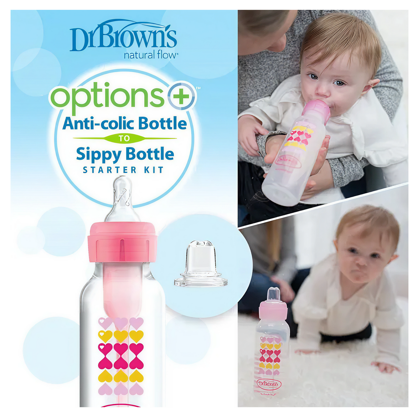 Dr.Brown's 8 oz/250 ml PP Narrow Options + Bottle to Sippy Starter Kit Pink Hearts