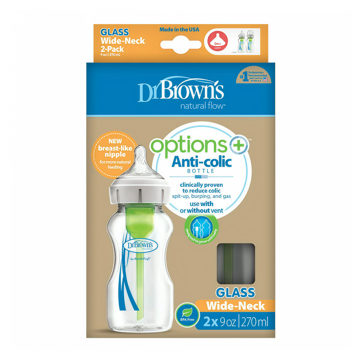 Dr.Brown's 9 oz/270 ml Glass WideNeck Options+ Bottle 2Pc