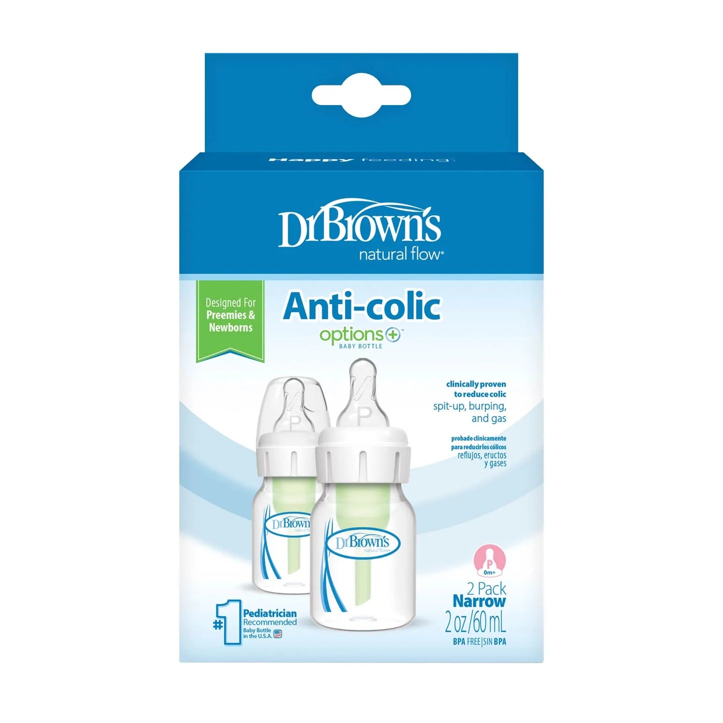Dr. Brown's Natural Flow Anti-Colic Narrow Baby Bottle 2oz/60ML with Preemie Flow Nipple 2-Pack