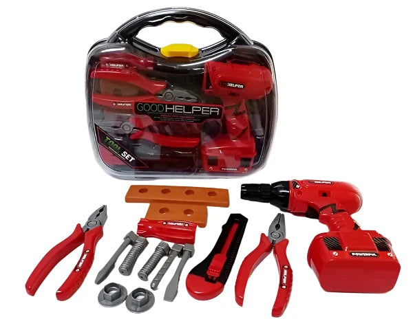 Suitcase with Tools and Battery Drill Red.