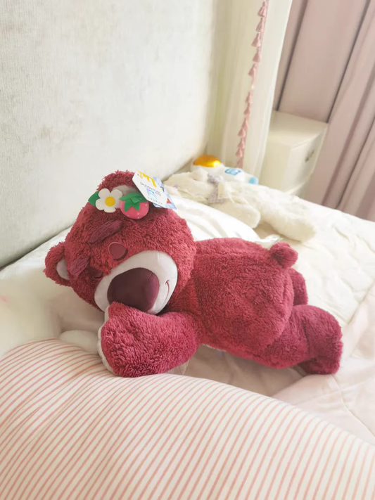 Cute Sleeping Strawberry Bear Plush Pillow.