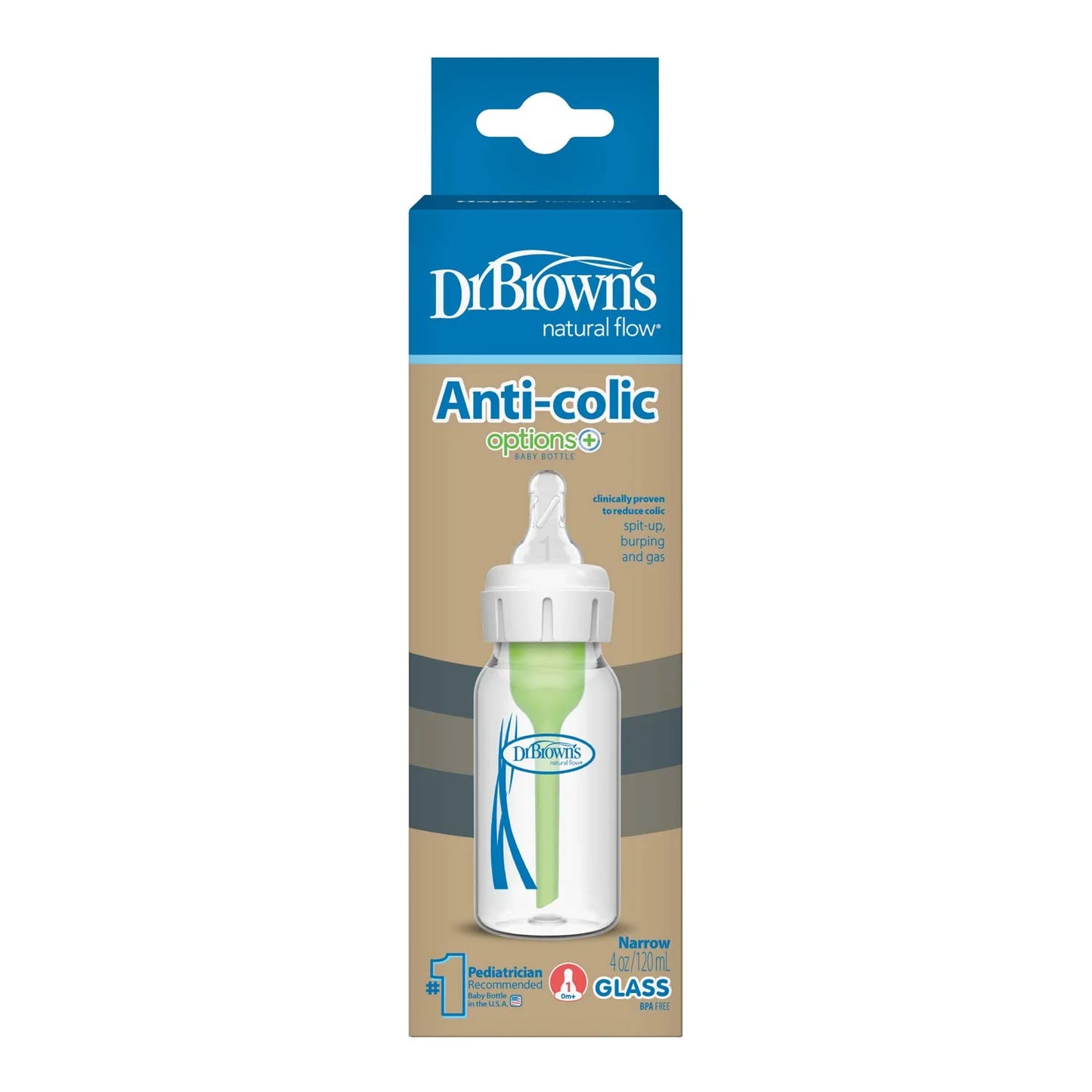 Dr. Brown's Natural Flow Anti-Colic Options+ Narrow Glass Baby Bottle with Level 1 Slow Flow Nipple
