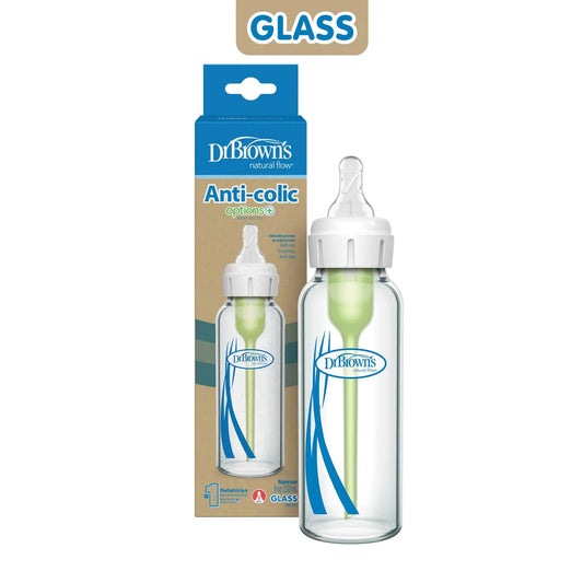 Dr. Brown's Natural Flow Anti-Colic Options+ Narrow Glass Baby Bottle with Level 1 Slow Flow Nipple