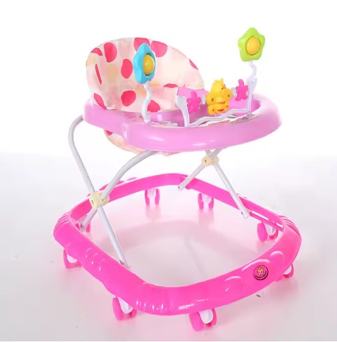 Deluxe Foldable Baby Walker with Activity Tray – Pink Polka Dot Design