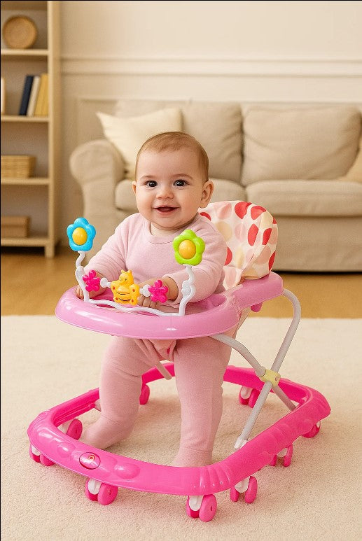 Deluxe Foldable Baby Walker with Activity Tray – Pink Polka Dot Design