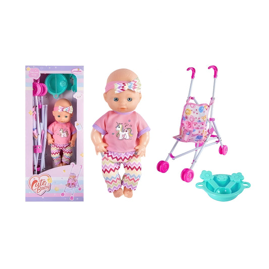 Cute Baby Doll with Accessories and Stroller Playset