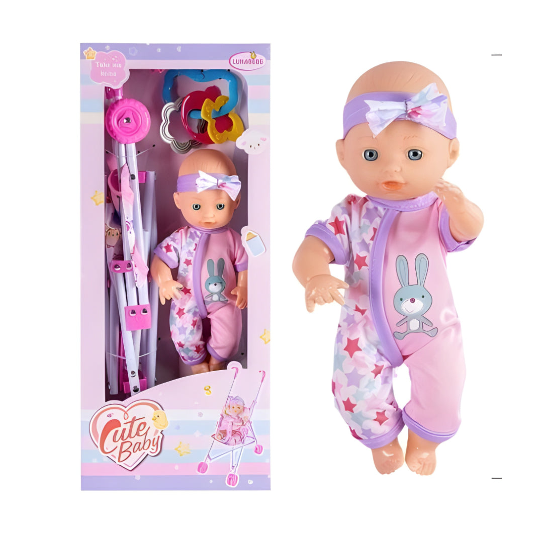 Cute Baby Doll with Accessories and Stroller Playset