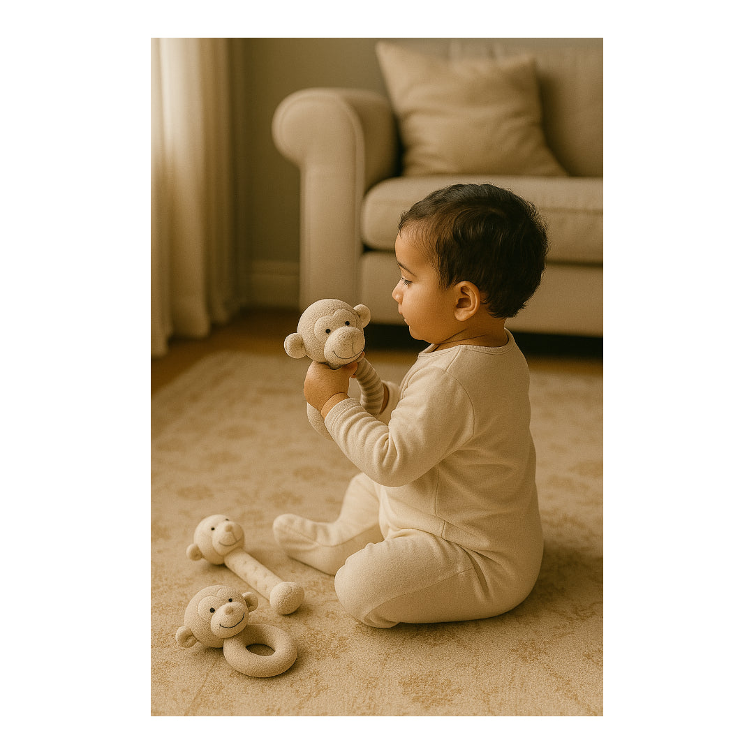 Kaichi Soothing Set – Soft Plush Monkey Rattle & Teether Toy Gift Set